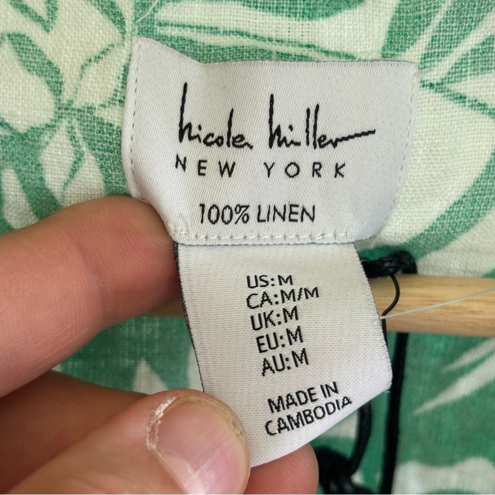 NWT Nicole Miller Women Med Preppy Linen Green Cropped Hawaiian Button Up Shirt - Picture 7 of 10